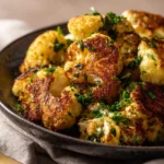 Honey curry roasted cauliflower in a bowl, garnished with herbs.