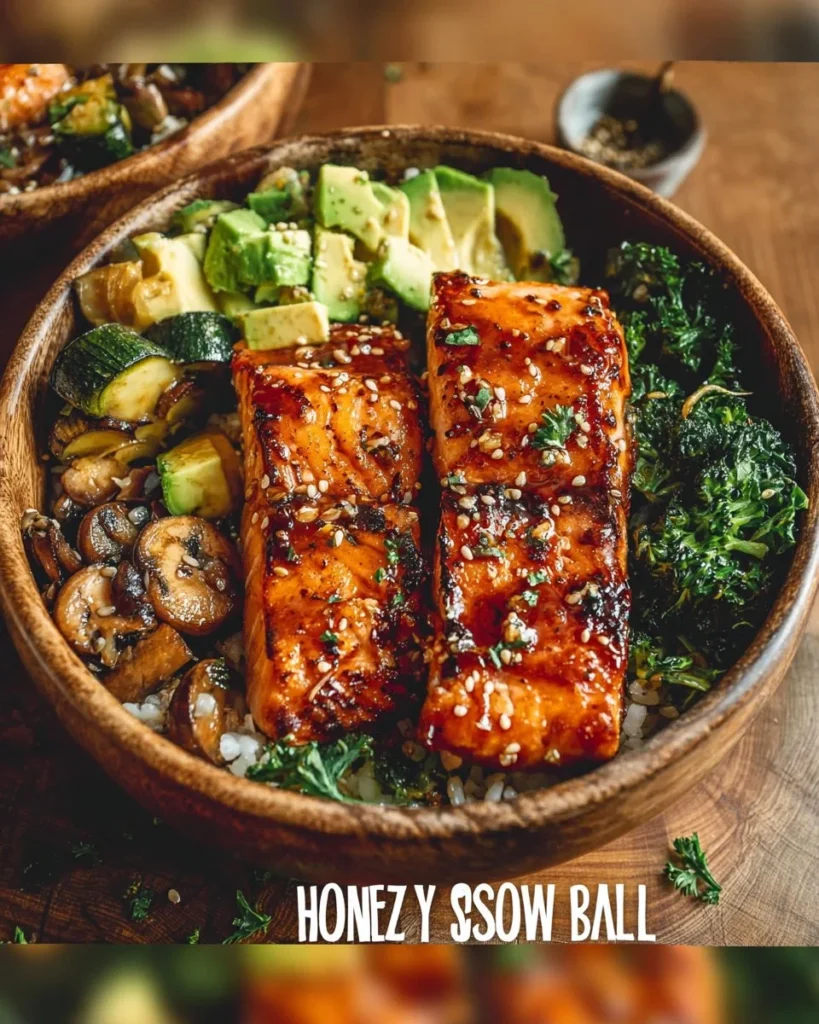 Honey glazed salmon bowl topped with fresh vegetables and rice