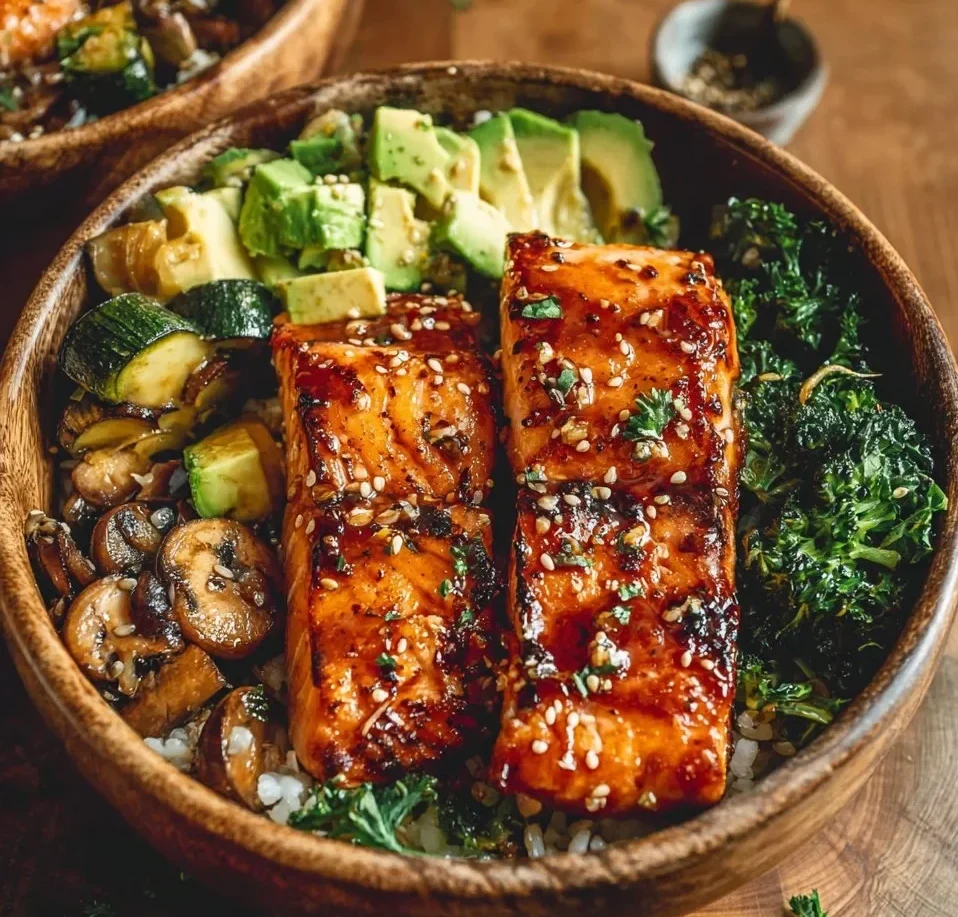 Honey glazed salmon bowl topped with fresh vegetables and rice