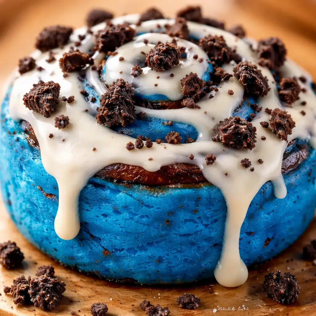 Delicious Cookie Monster Cinnamon Rolls with blue frosting and cookie toppings.