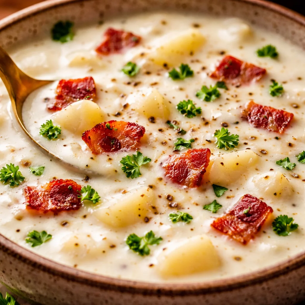 A bowl of Gordon Ramsay Clam Chowder, topped with crispy bacon and leafy parsley.