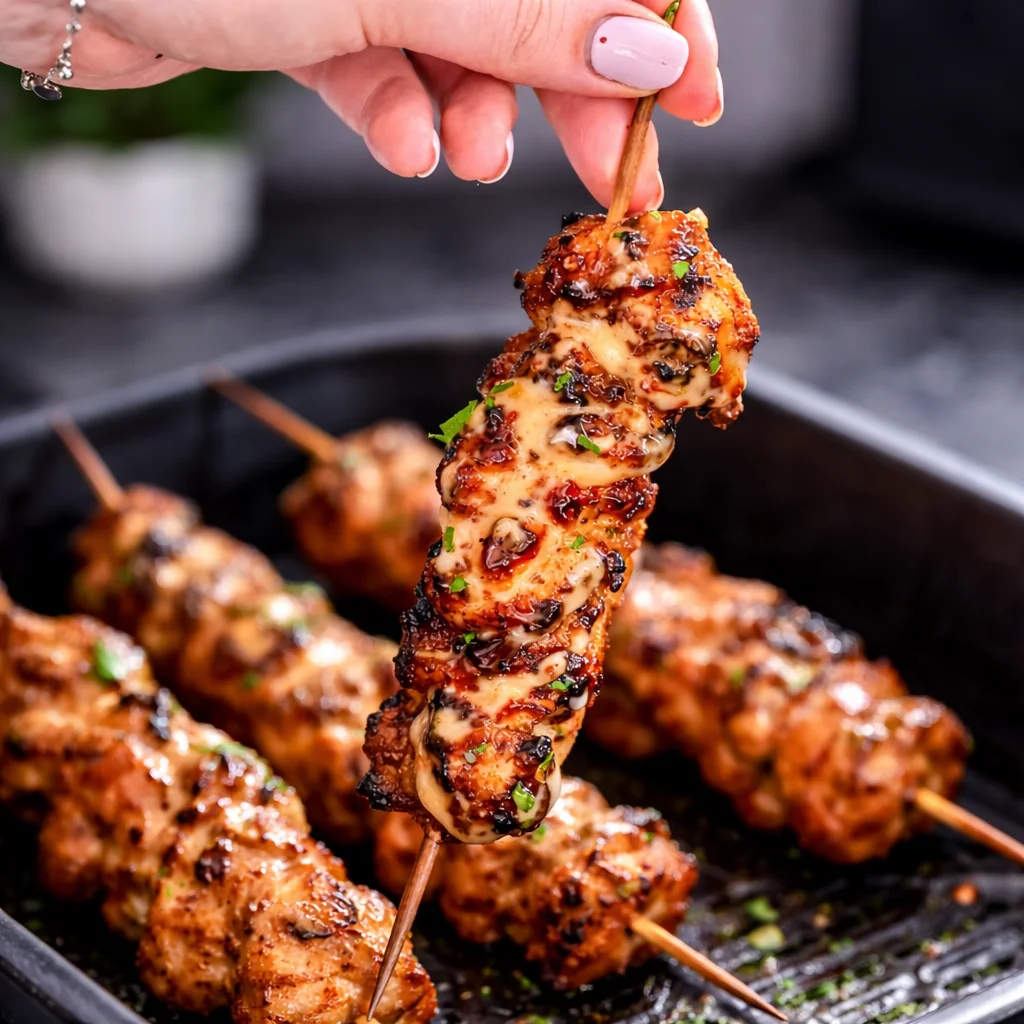 Juicy Bang Bang Chicken Skewers coated in creamy sauce, perfect for grilling or air frying.