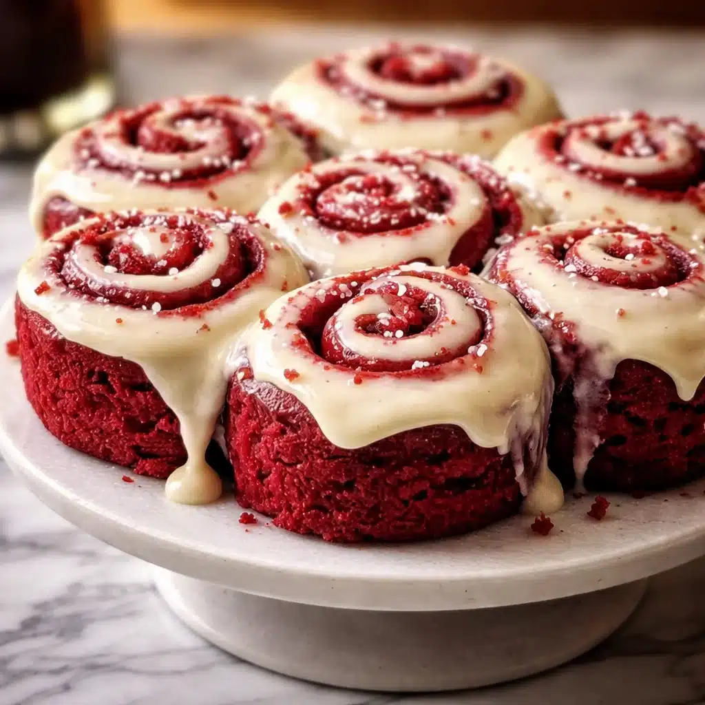 Heavenly Red Velvet Cinnamon Rolls topped with cream cheese frosting, decadent and fluffy