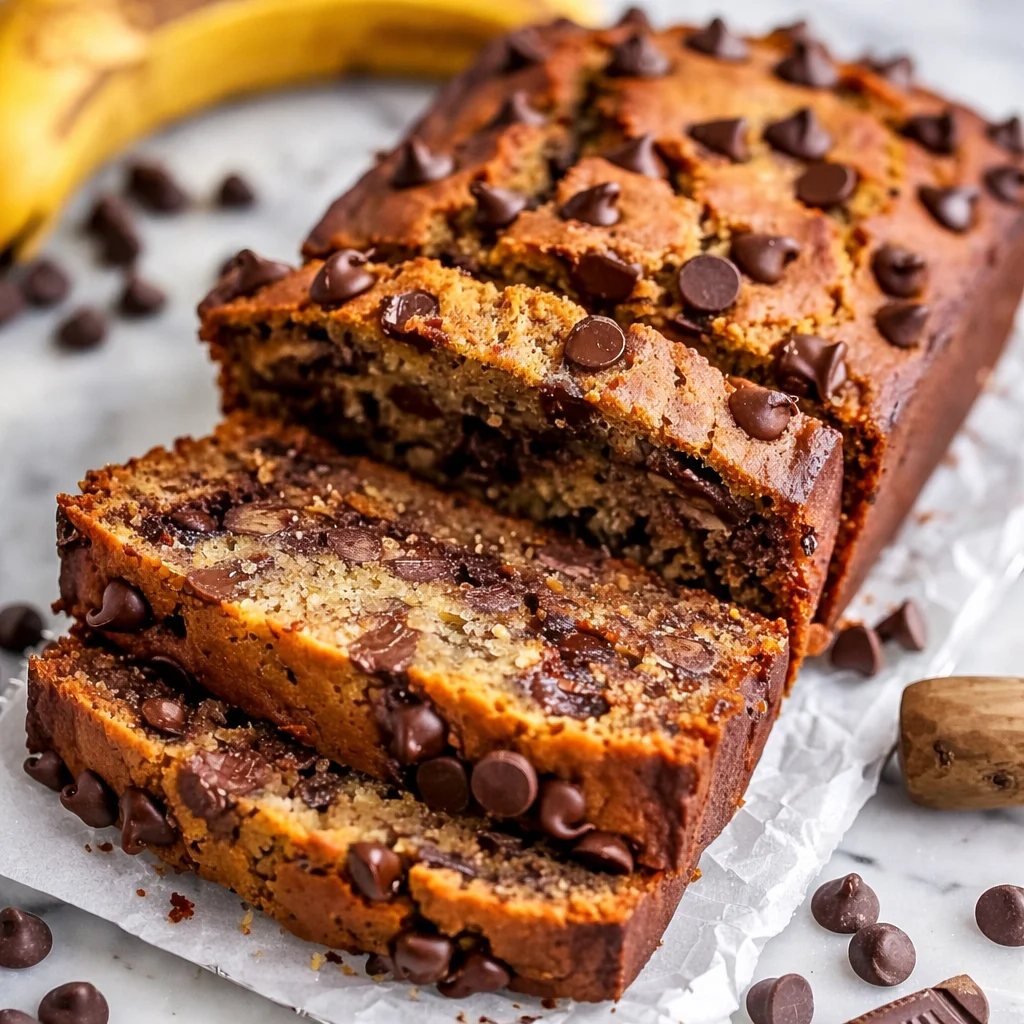 Slice of super moist chocolate chip banana bread with chocolate chips