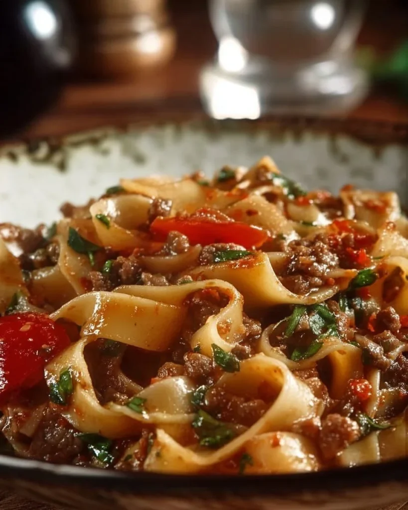 Plate of Italian Drunken Noodles with vegetables and herbs