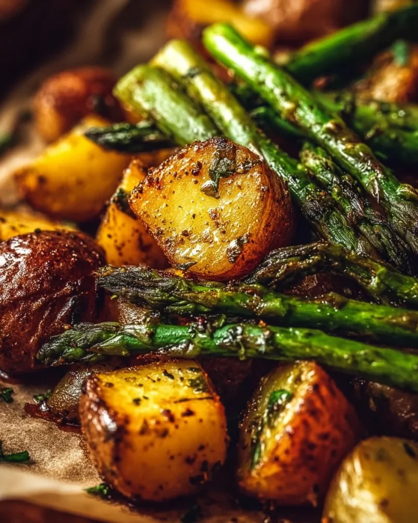 Plate of Italian oven roasted asparagus and potatoes, a healthy side dish.