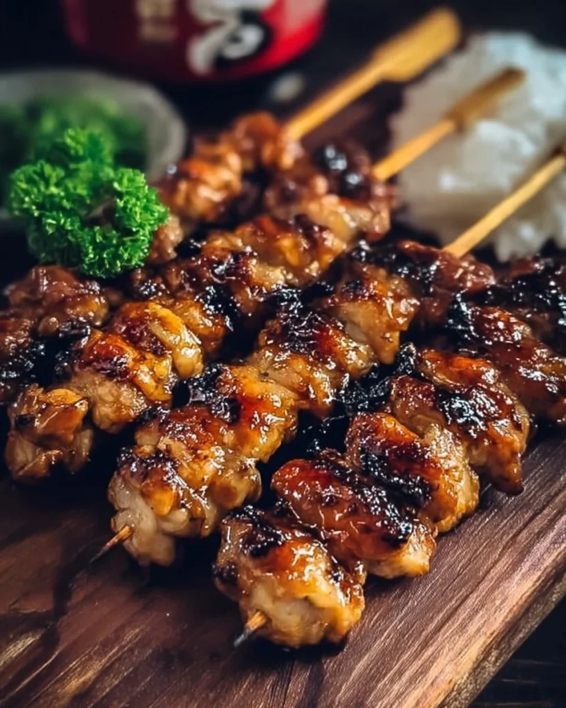 Grilled Japanese Chicken Yakitori skewers garnished with green onions