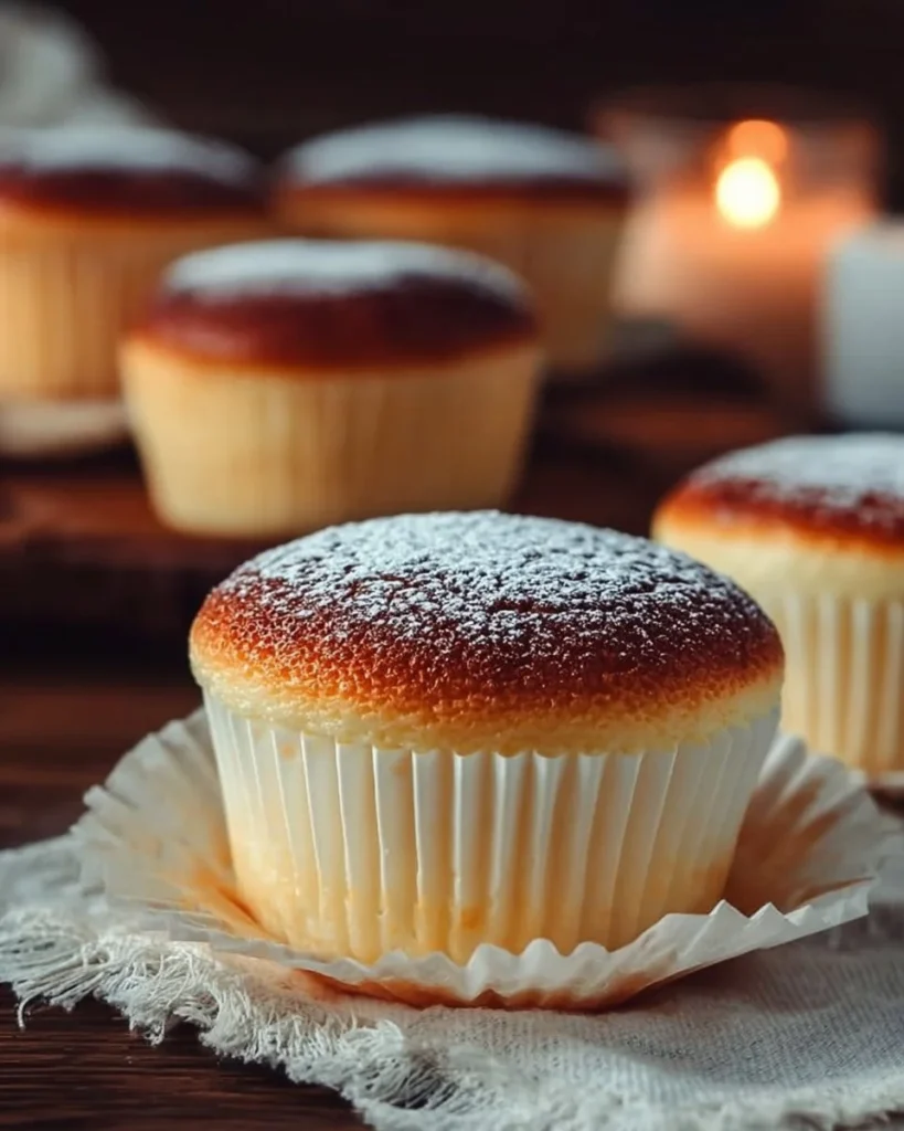 Japanese Cotton Cheesecake Cupcakes topped with delicious cream and fruit.