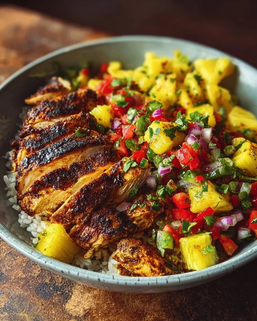 Jerk chicken bowl with vibrant pineapple salsa and aromatic herbs.