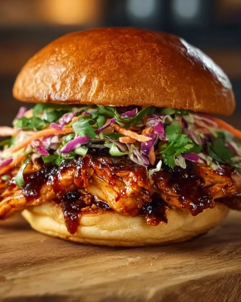 Delicious Korean BBQ Chicken Sandwich served with vibrant veggies and sauce.