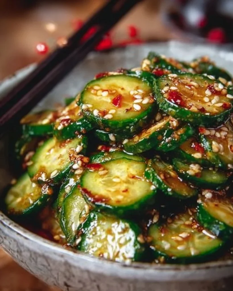 Delicious Korean Cucumber Salad garnished with sesame seeds and herbs