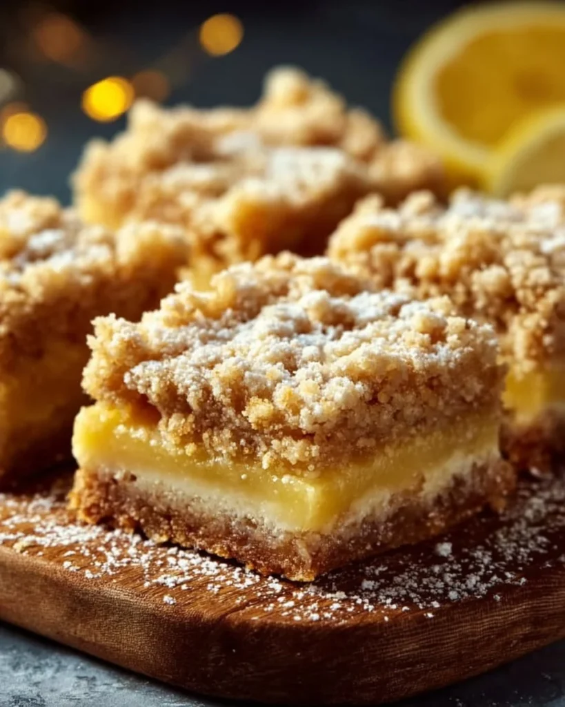 Delicious homemade Lemon Crumb Bars on a plate with lemon slices.