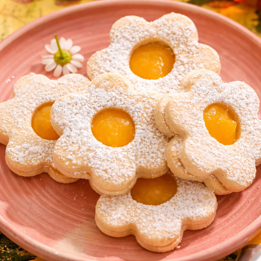 Vegan Lemon Curd Shortbread Cookies with a drizzle of icing, showcasing a vibrant lemon curd center.