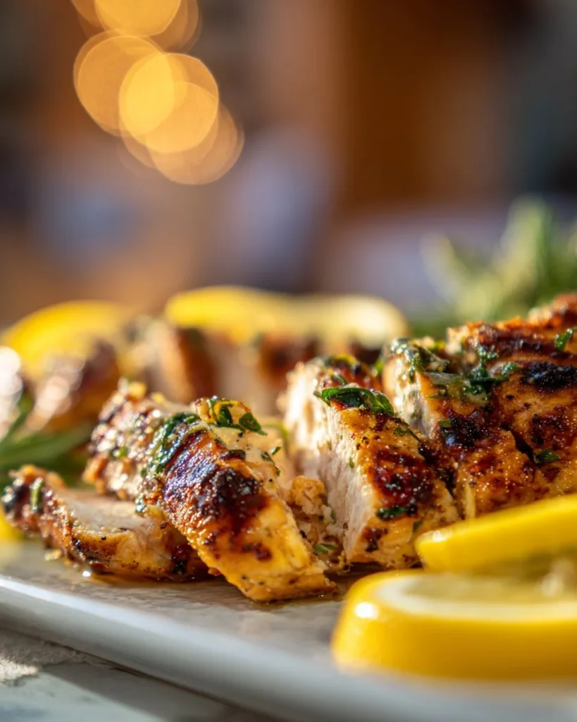 Plate of lemon garlic chicken garnished with herbs and lemon slices