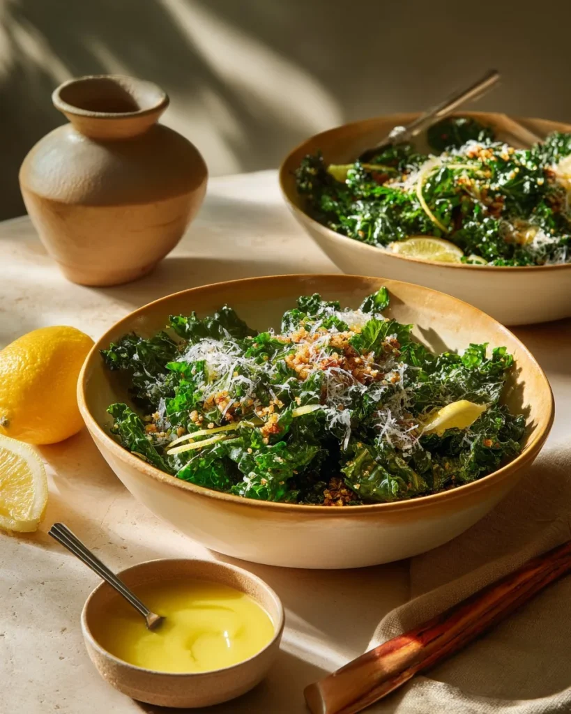 Fresh Lemon Parm Kale Salad with lemon dressing and grated Parmesan cheese