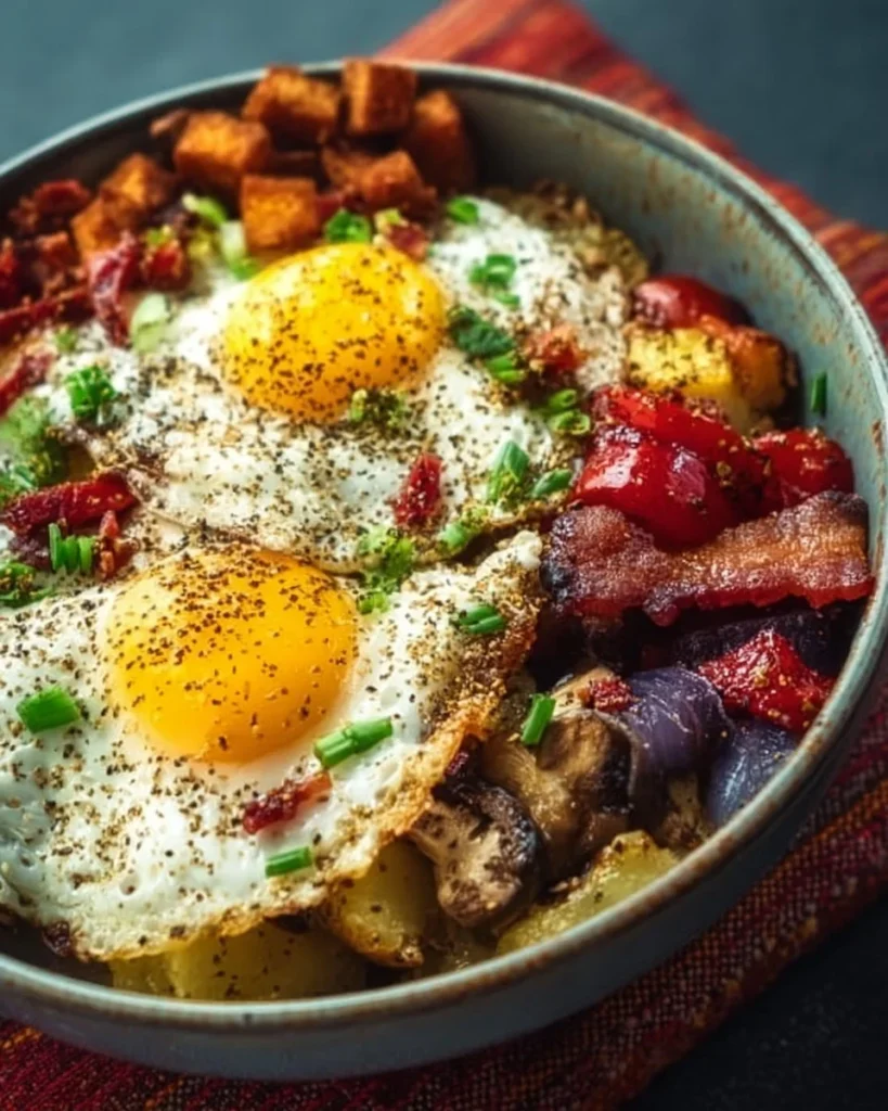 Delicious loaded breakfast bowl featuring eggs, vegetables, and grains.