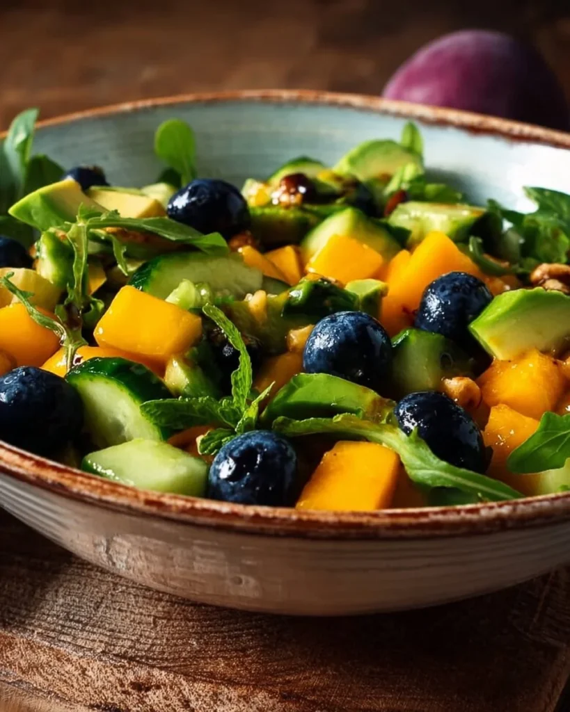 Mango Cucumber Salad with Blueberries and Avocado on a plate