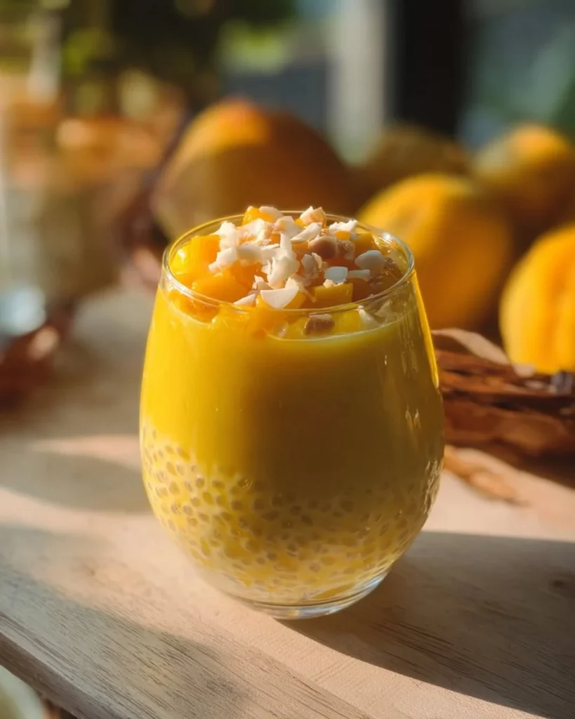Delicious Mango Sago Dessert Pudding garnished with fresh mango cubes and sago pearls.