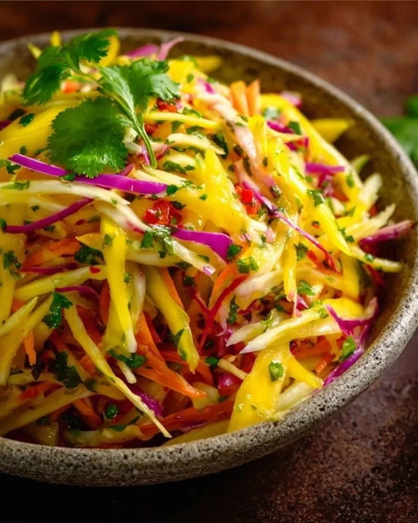 Colorful mango slaw with fresh vegetables in a bowl