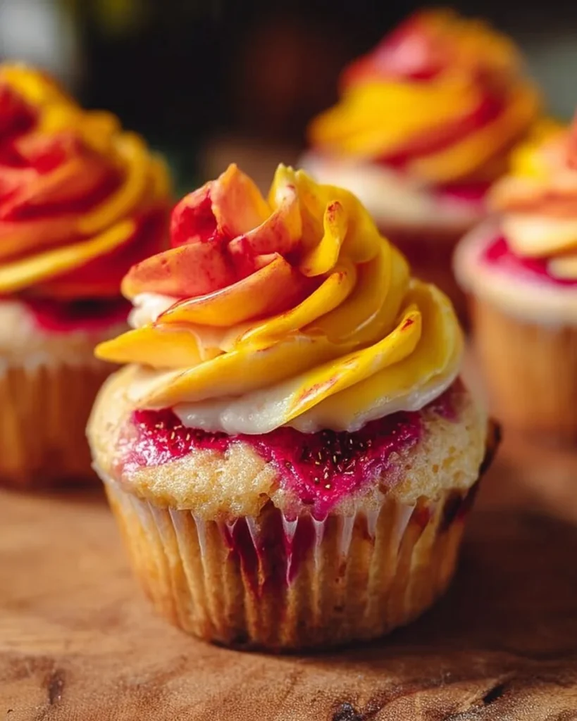 Vibrant Mango Strawberry Sunset Cupcakes with fresh fruit toppings