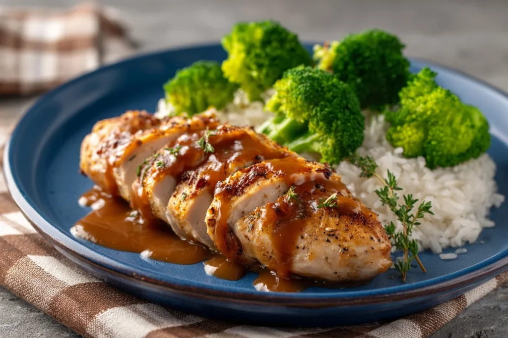 Maple-Soy Chicken served with roasted broccoli and jasmine rice on a plate