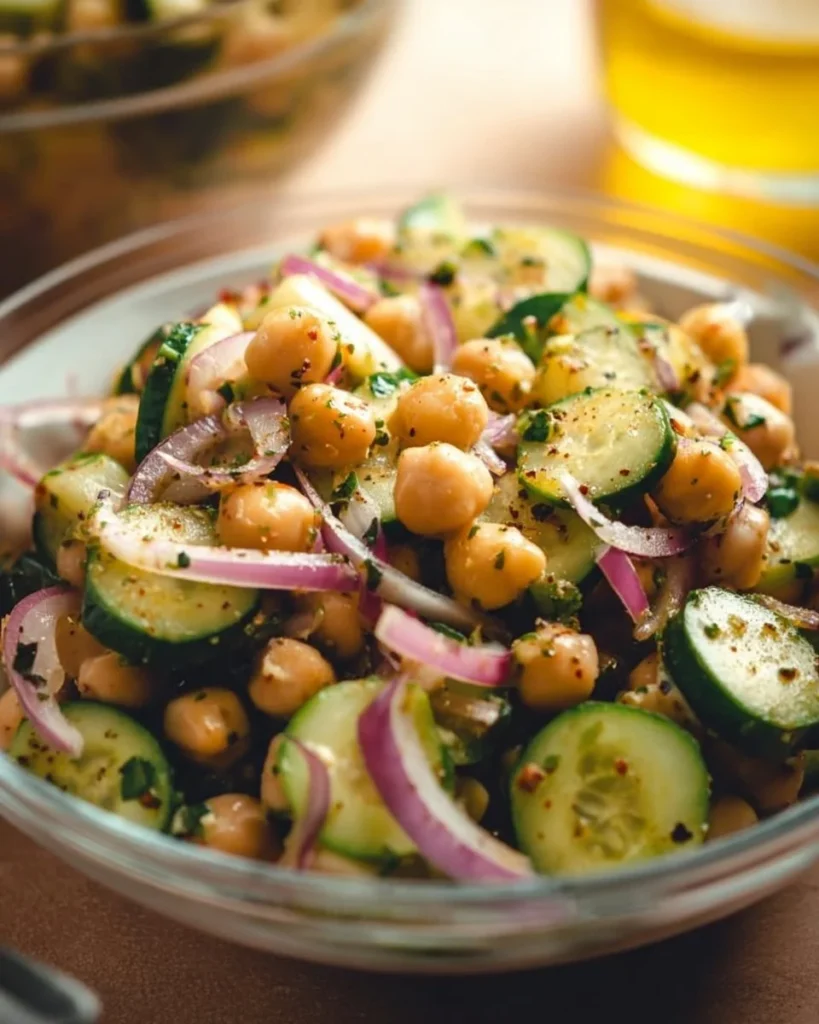 Fresh marinated chickpea cucumber salad with vibrant veggies