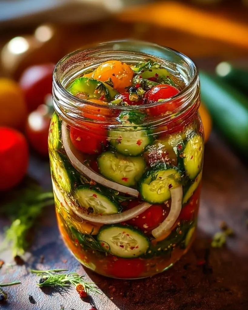 Delicious marinated cucumbers with onions and tomatoes in a bowl