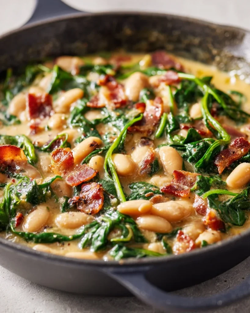 Delicious Marry Me White Bean and Spinach Skillet served in a rustic pan