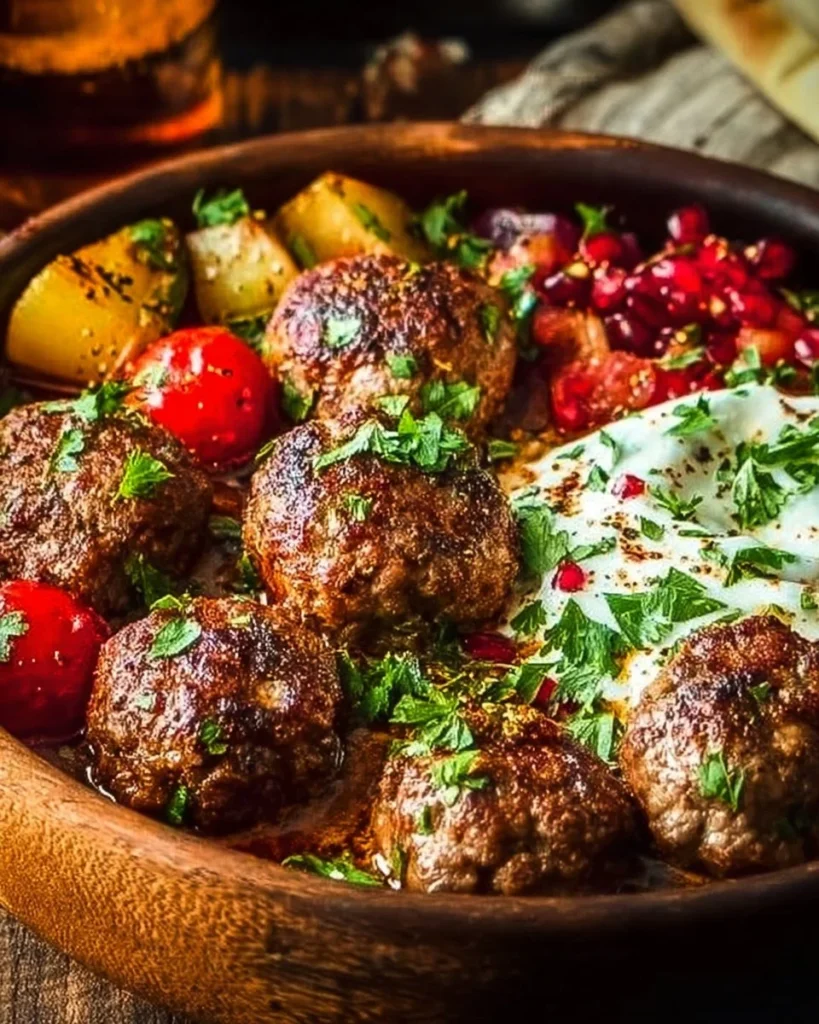 Mediterranean Meatball Bowl with fresh ingredients and garnishes