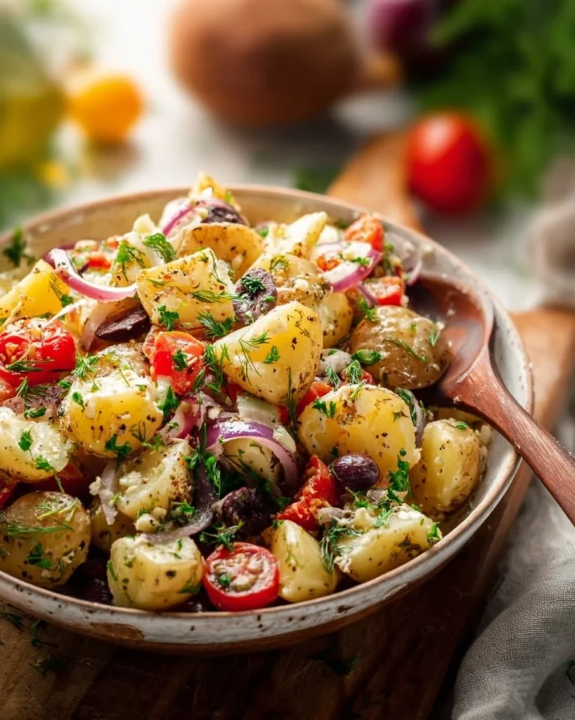 Mediterranean potato salad with olives, herbs, and cherry tomatoes
