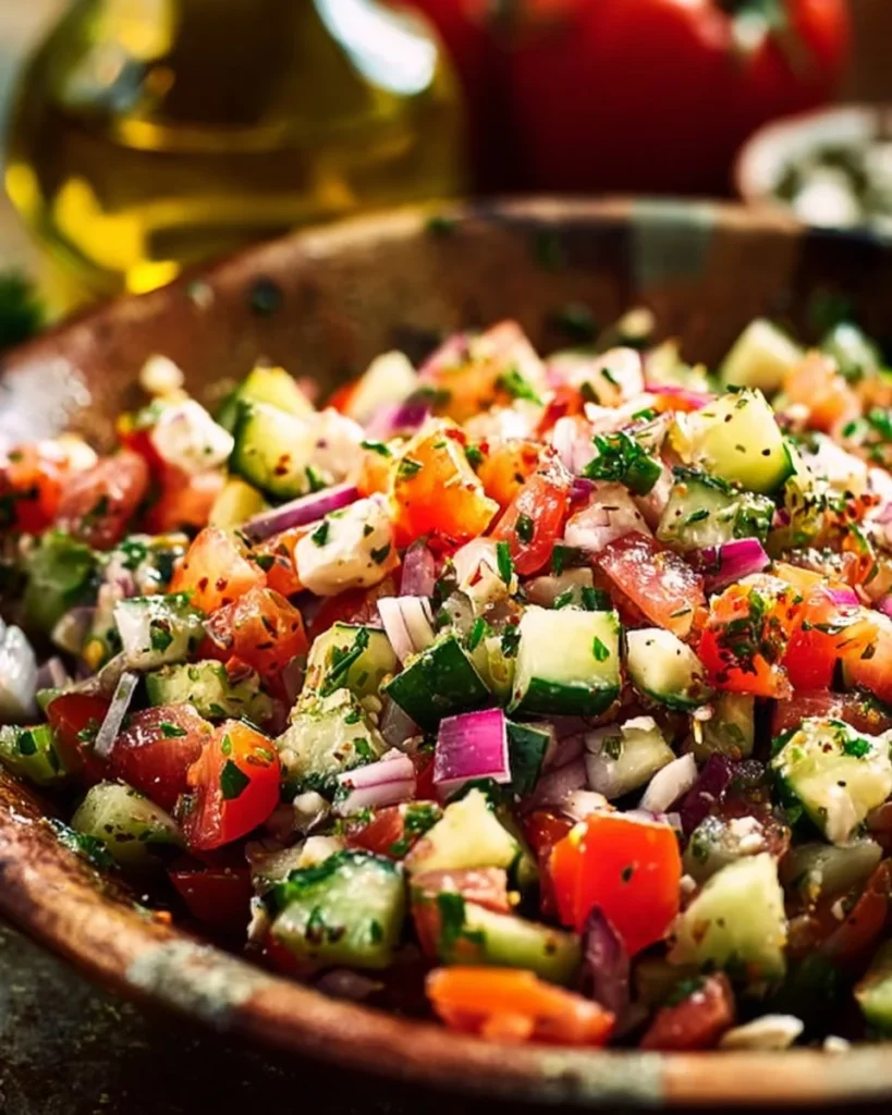Colorful Mediterranean Salad with fresh vegetables, olives, and feta cheese