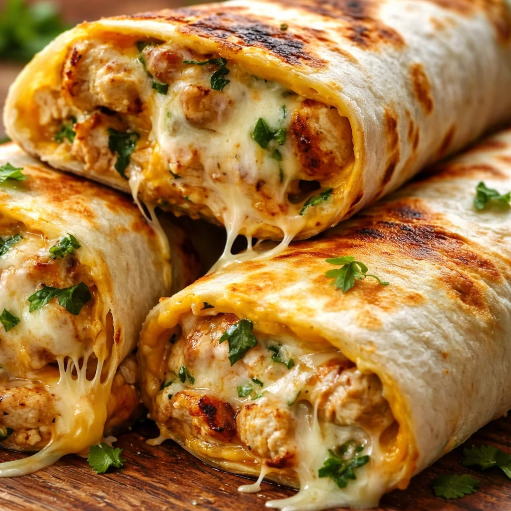 Delicious Ooey-Gooey Cheesy Garlic Chicken Wraps ready to serve.
