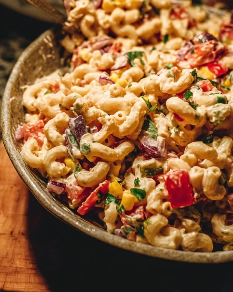 Bowl of vibrant Mexican Macaroni Salad with vegetables and spices