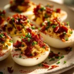 Delicious Million Dollar Bacon Deviled Eggs garnished with crispy bacon