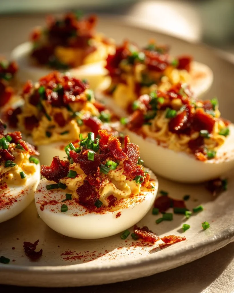 Delicious Million Dollar Bacon Deviled Eggs garnished with crispy bacon