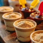 Mini sand pail pudding cups filled with tasty dessert