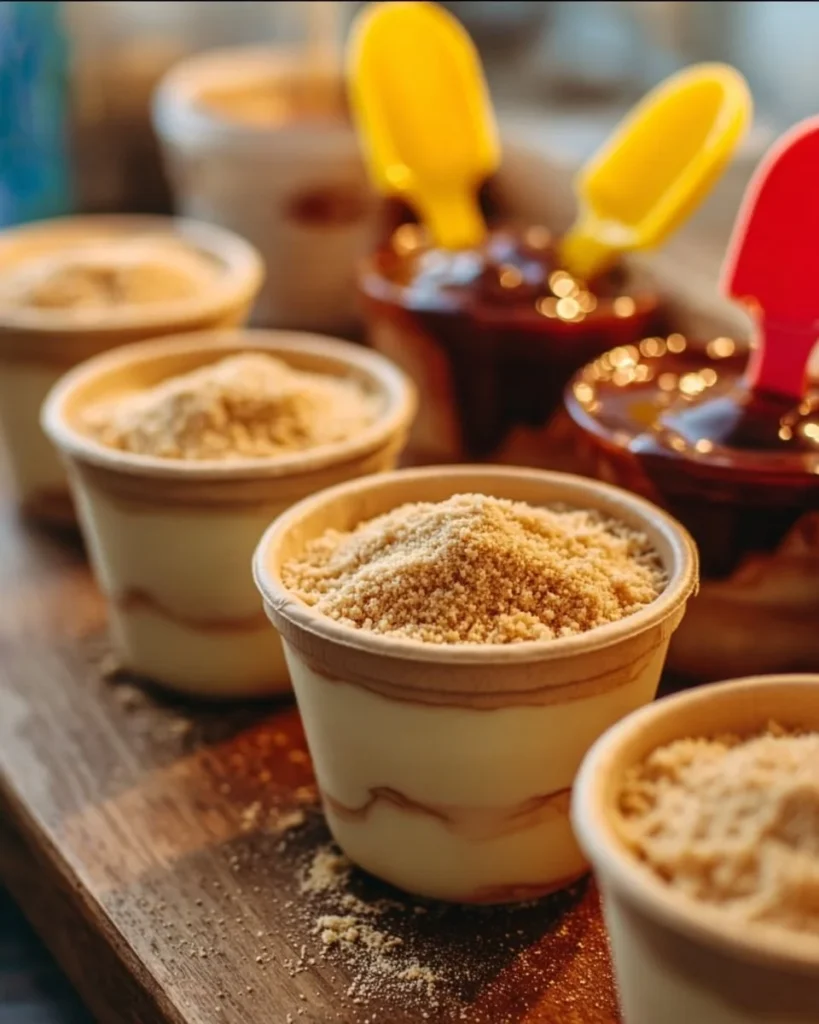 Mini sand pail pudding cups filled with tasty dessert