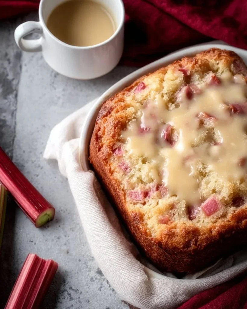 Moist Rhubarb Cake drizzled with butter sauce served on a plate