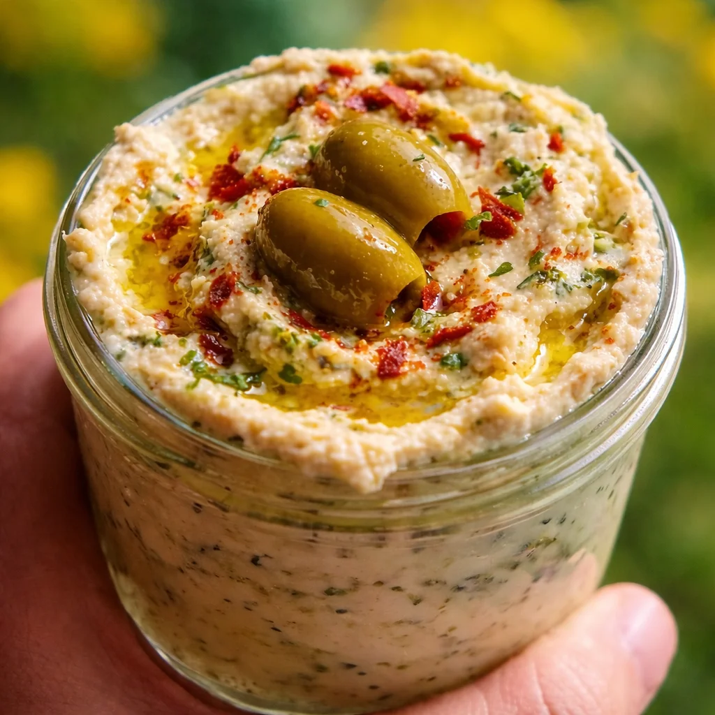 Creamy Olive Lovers' Dream Dip served in a bowl with fresh vegetables and crackers.