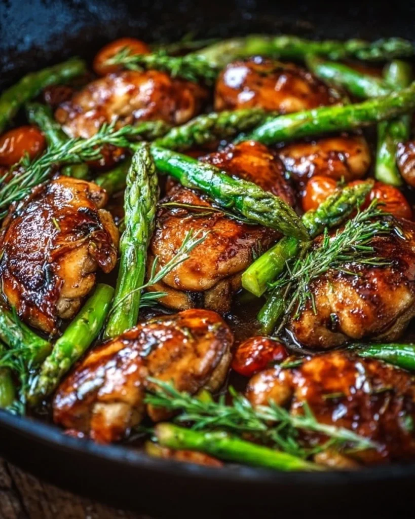 One Pan Balsamic Chicken with Asparagus ready to serve