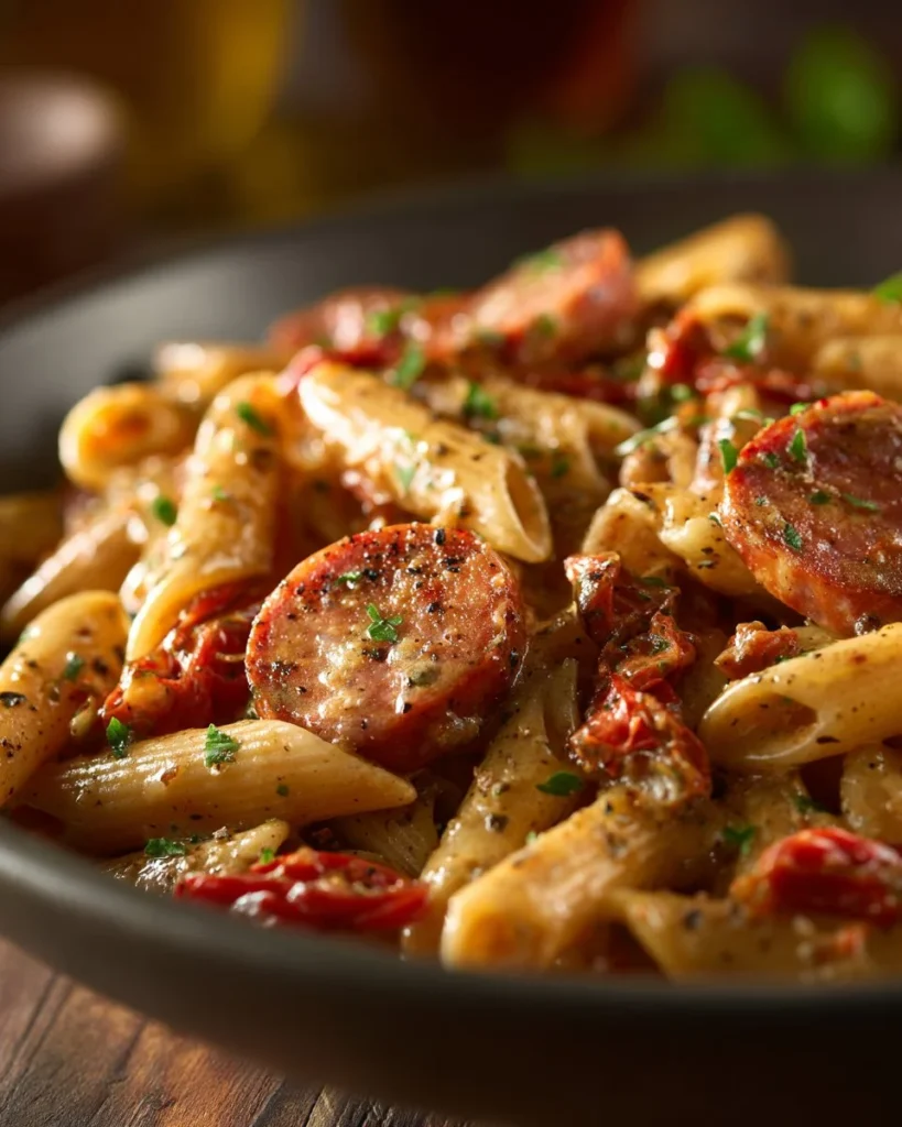 One-pot creamy spicy Cajun sausage pasta in a skillet with herbs