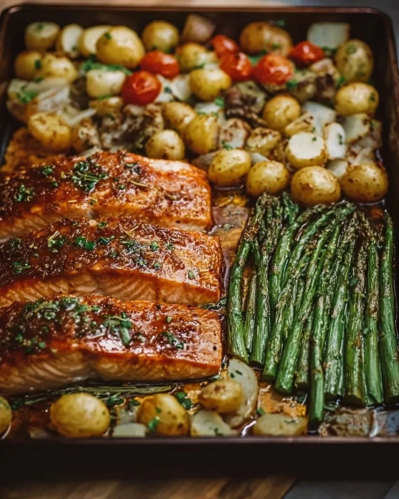 One sheet pan maple dijon glazed salmon with colorful vegetables