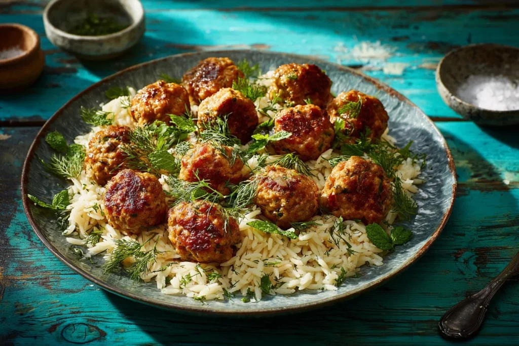 One skillet Greek meatballs with lemon butter orzo and whipped feta dish