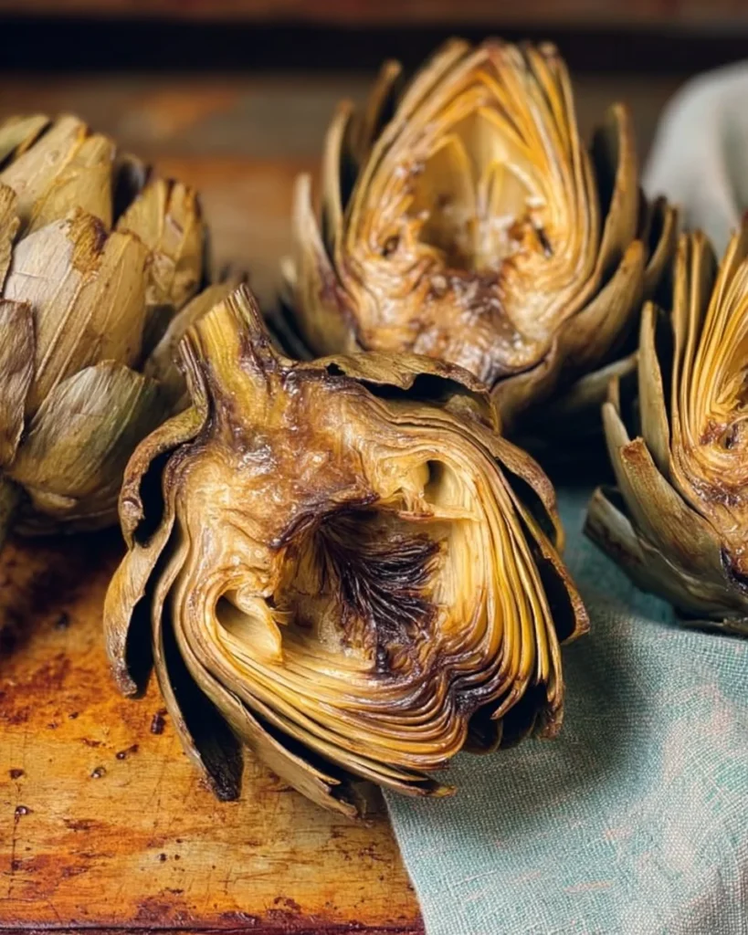 Bowl of delicious oven roasted artichokes seasoned with herbs and spices
