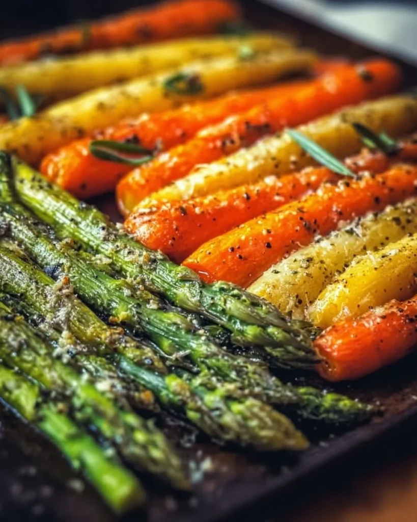 Plate of oven roasted asparagus and carrots drizzled with olive oil and spices.