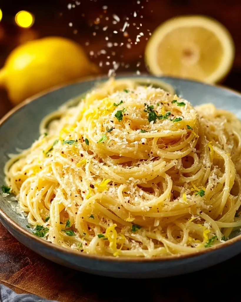 Plate of creamy Parmesan Lemon Pasta garnished with lemon slices and parsley