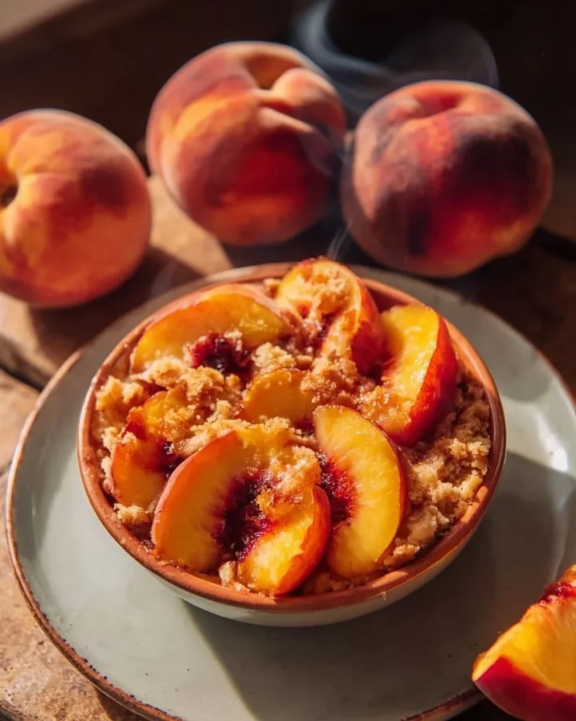 Delicious homemade peach crumble dessert with a golden brown topping