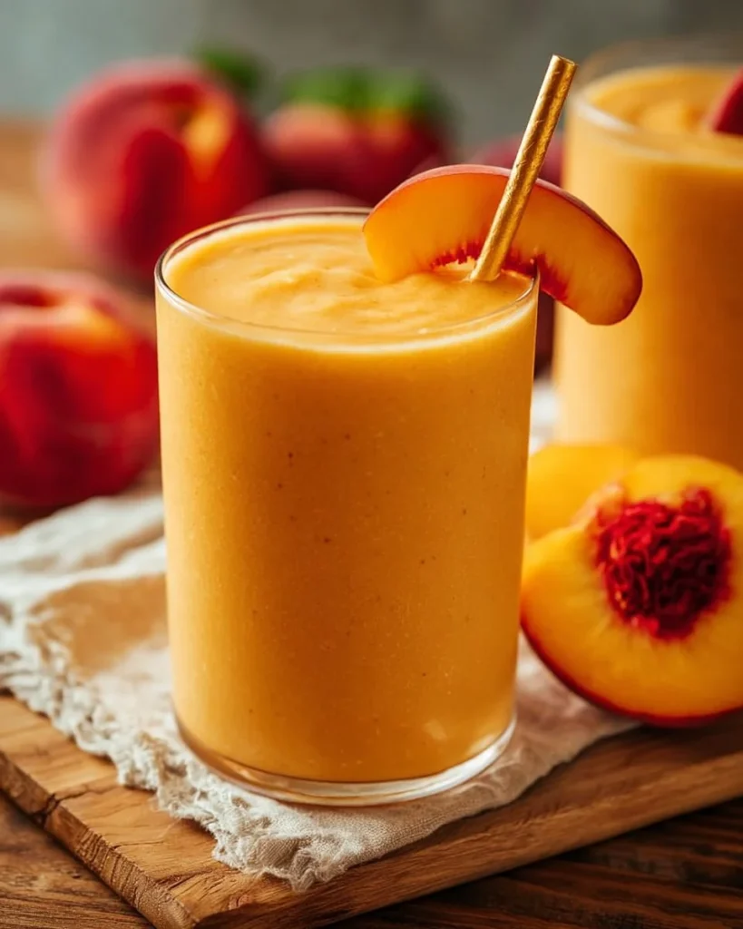 Delicious peach smoothie made with frozen peaches in a glass