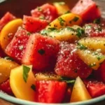 Delicious Peach Watermelon Salad with fresh fruits and mint