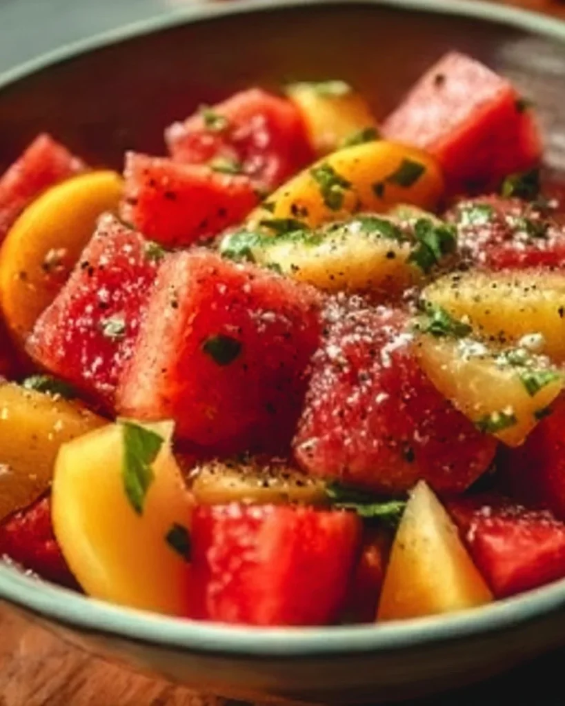 Delicious Peach Watermelon Salad with fresh fruits and mint